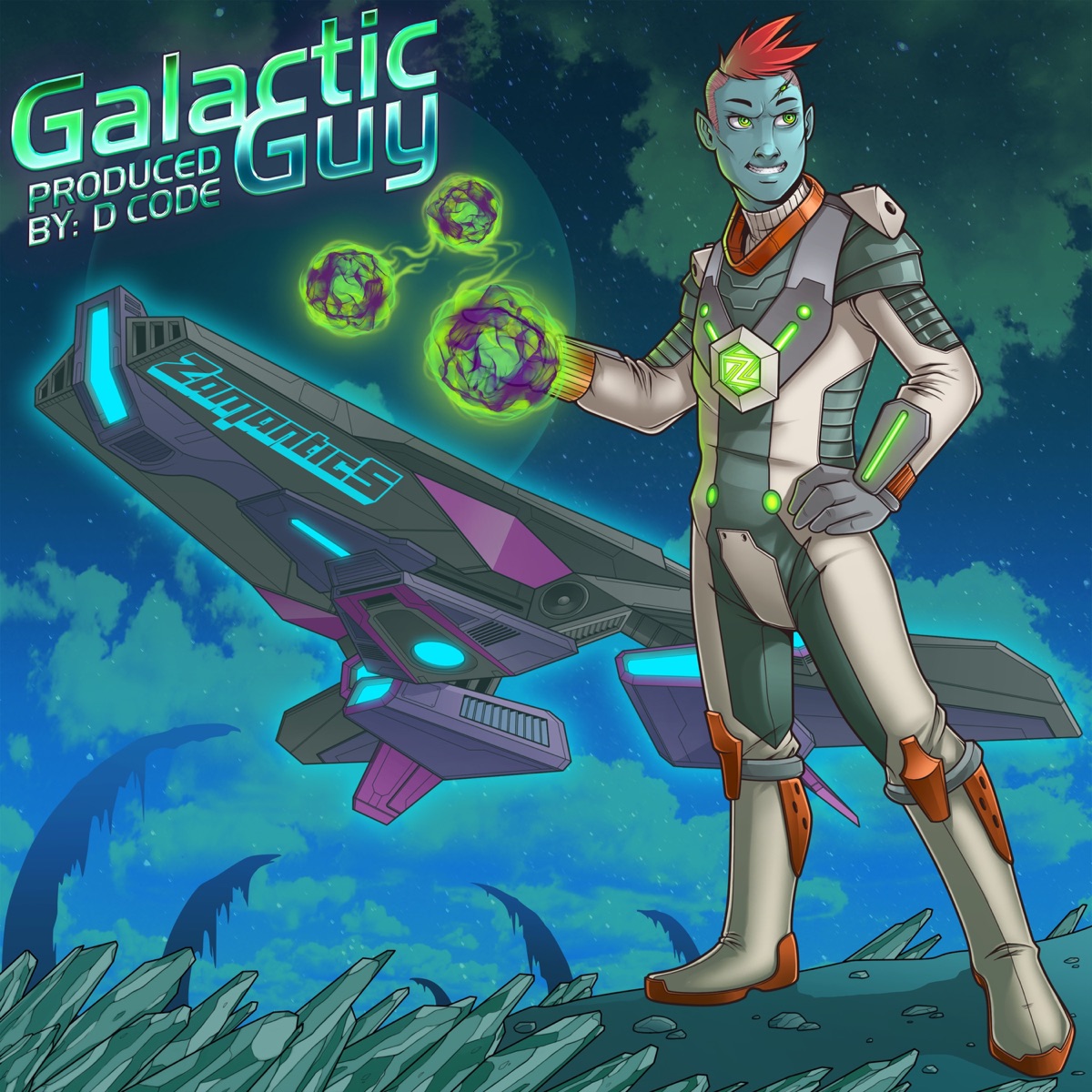 Galactic Guy album cover — the Galactic Guy character beside his starship, produced by D Code